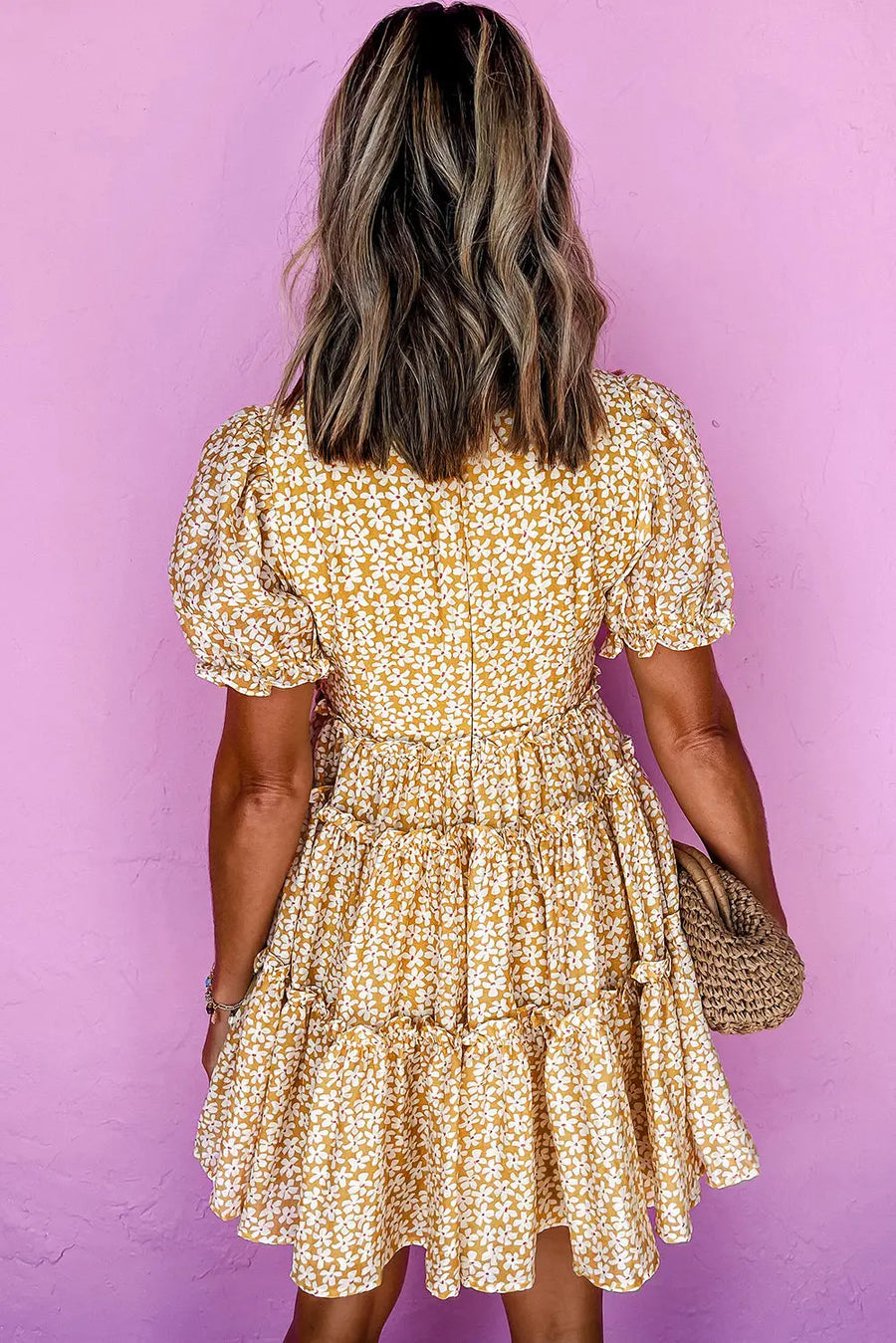 Yellow Floral Short Sleeve V Neck Frilly Tiered Mini Dress Women UK