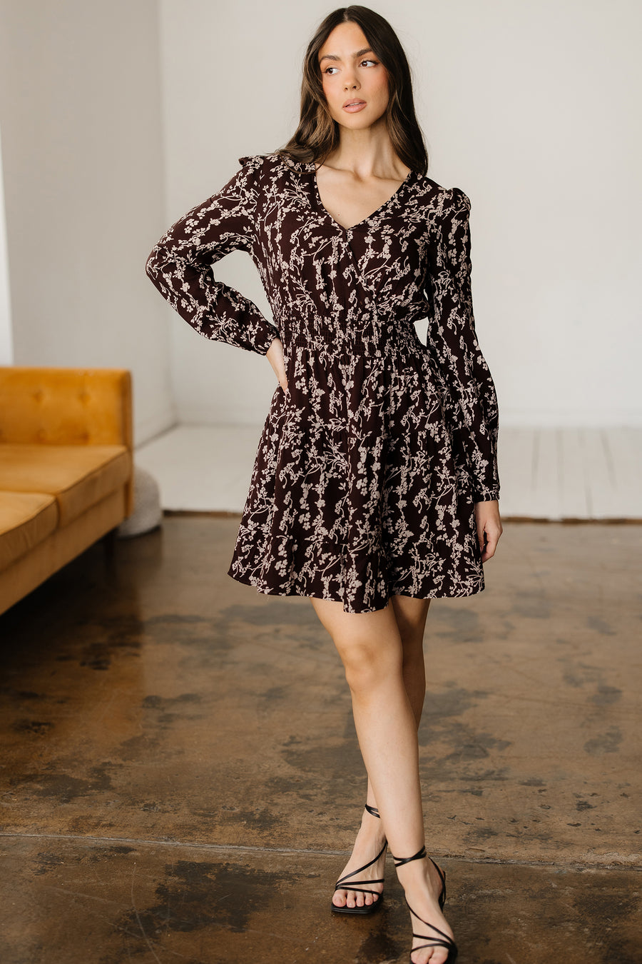 Brown Ditsy Floral Split Neck Long Sleeve Shirred Mini Dress Women UK — model shot