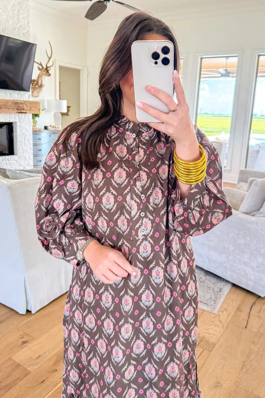 Brown Floral Print Button Front Ruffle Hem Midi Dress Women UK