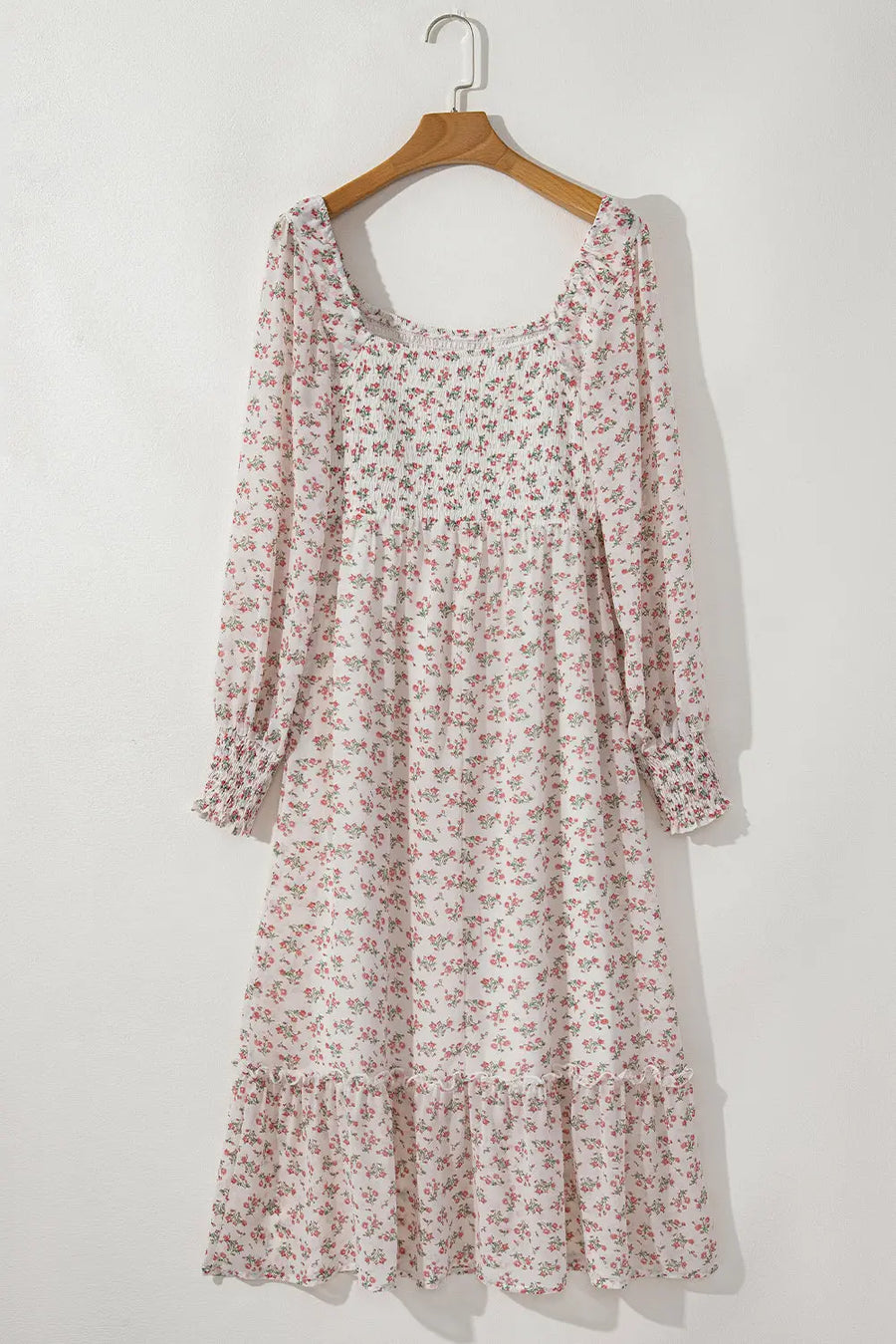 White Floral Shirred Square Neck Ruffled Hem Midi Dress Women UK