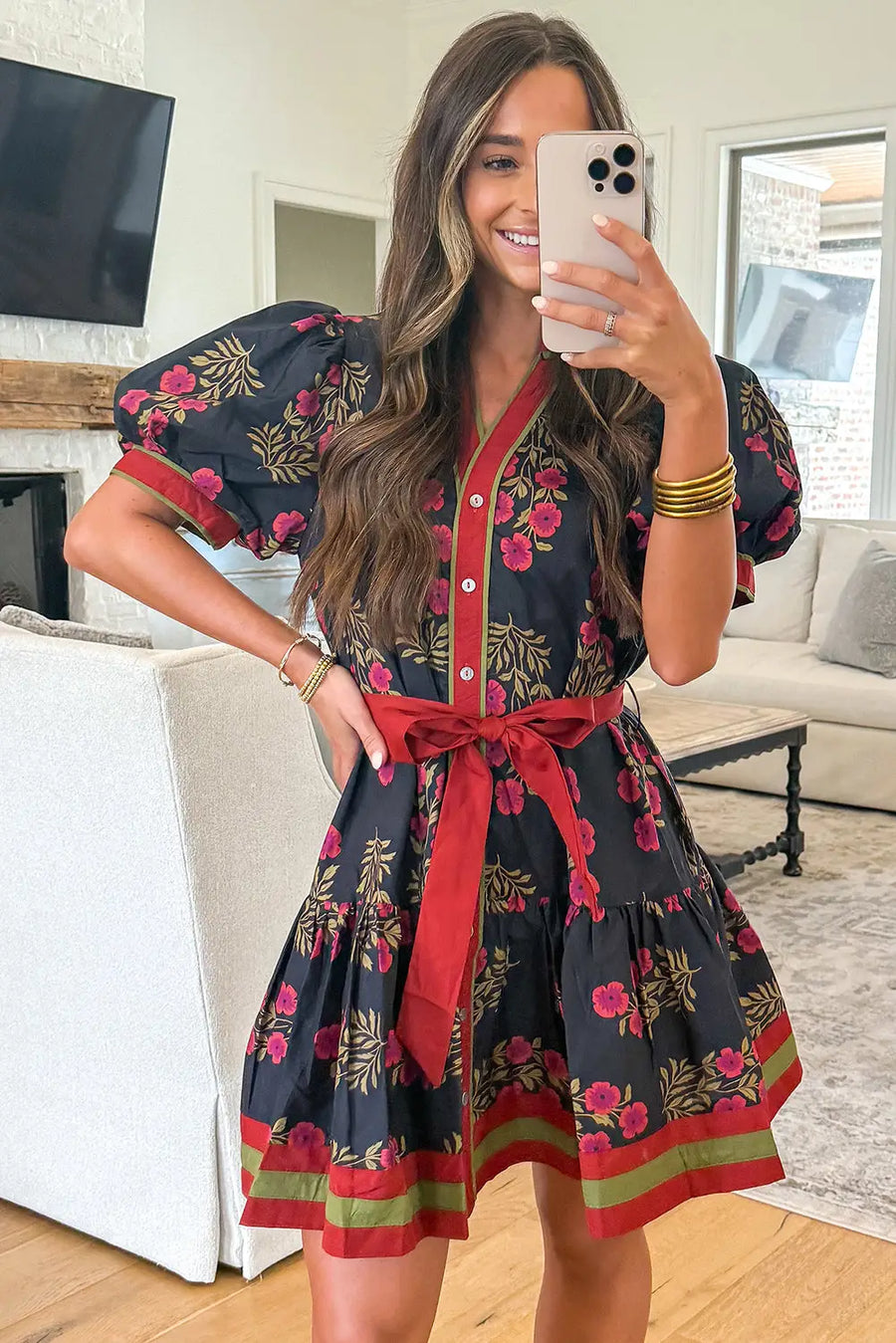 Black Retro Floral Belted Button Down Puff Sleeve Mini Dress Women UK — side detail