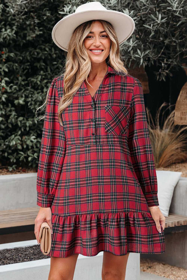 Red tartan shirt dress with flared ruffle hem and long sleeves