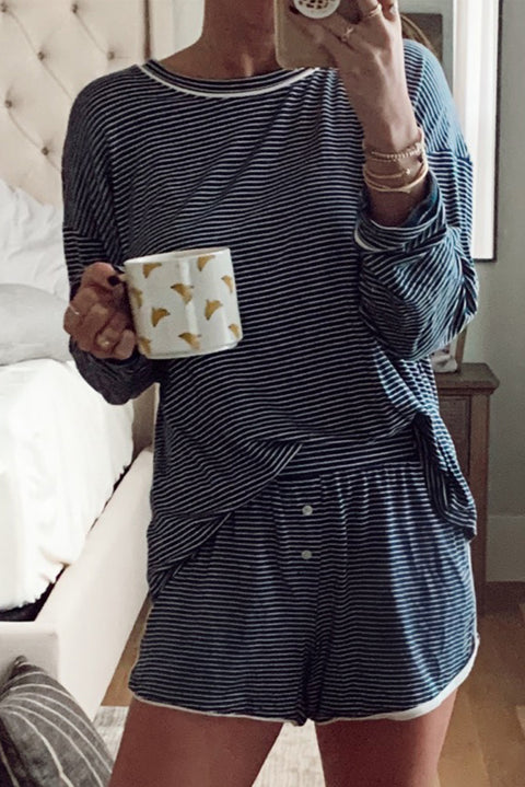 Stripe Drop Shoulder Long Sleeve Tee & Shorts Lounge Set Women UK