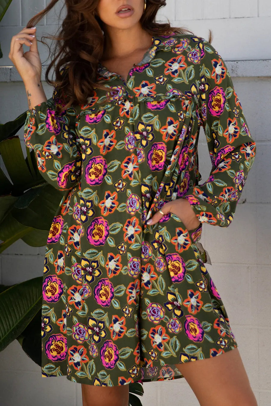 Green Floral Split Neck Bubble Sleeve Shift Mini Dress Women UK