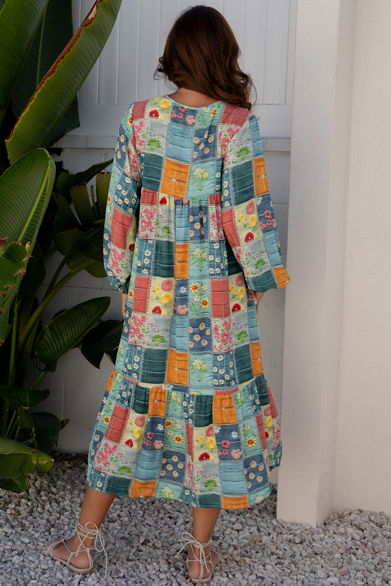 Floral Checkered Bubble Sleeve Ruffle Hem Maxi Dress Women UK