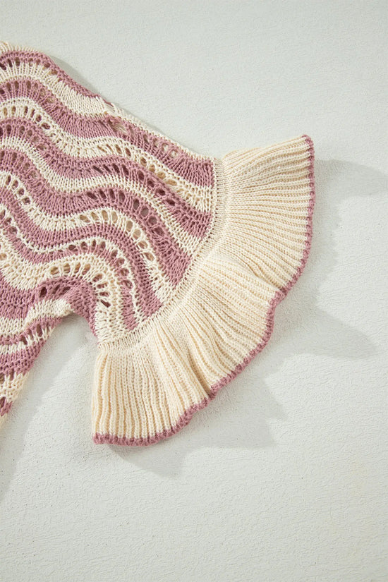 Wavy stripe crochet eyelet ruffle half sleeve knit sweater relaxed fit sweaters
