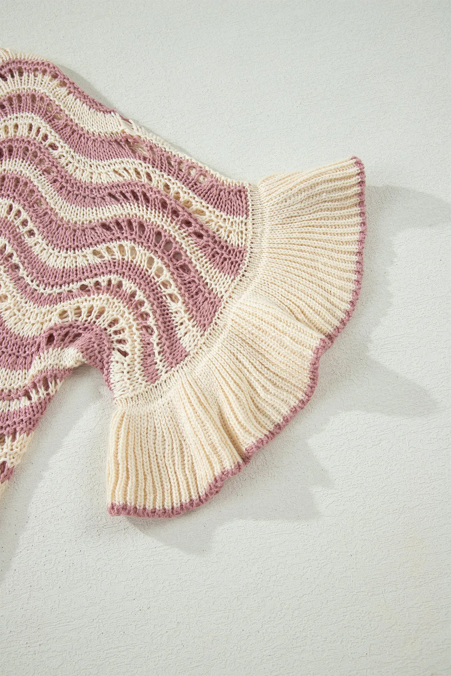 Wavy stripe crochet eyelet ruffle half sleeve knit sweater relaxed fit sweaters