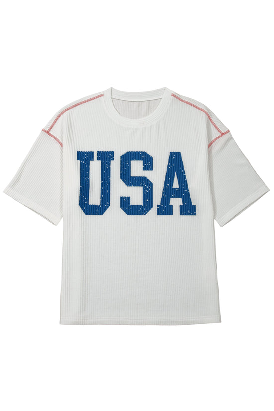 USA Graphic Ribbed Half Sleeve Loose Top Round Neck Tunic Length