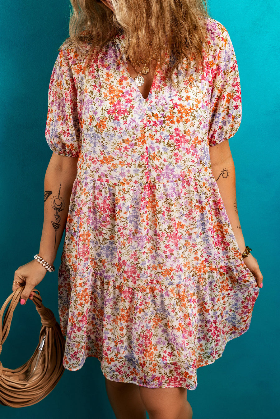 Red Floral Puff Sleeve Notched V Neck Tiered Mini Dress Women UK