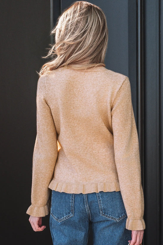 Ruffle trim gold button long sleeve round neck knit cardigan cardigans