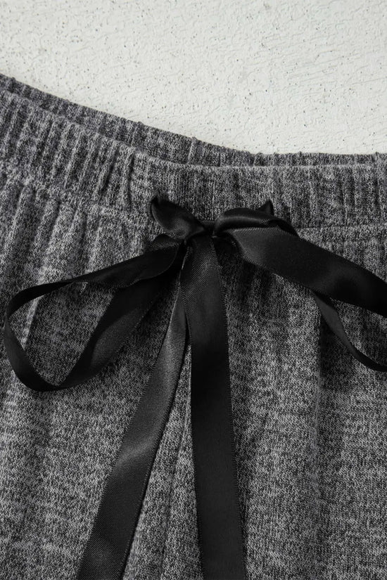 Elastic waistband with black ribbon tie on trousers from Heather Mauve Duster Lounge Trio – 3‑Piece Loungewear Set, designed for comfort and style.