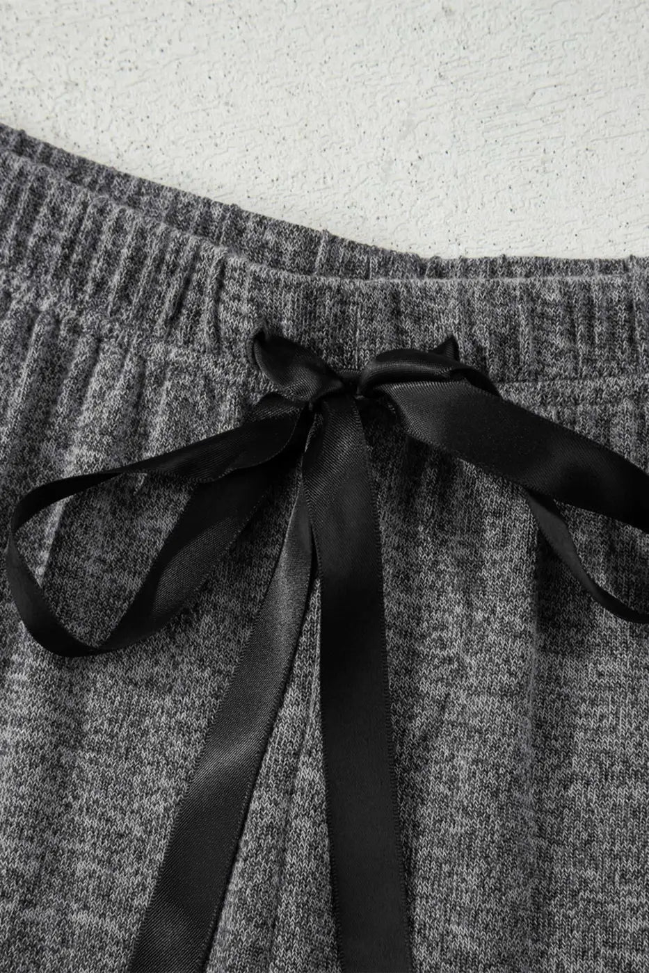 Elastic waistband with black ribbon tie on trousers from Heather Mauve Duster Lounge Trio – 3‑Piece Loungewear Set, designed for comfort and style.