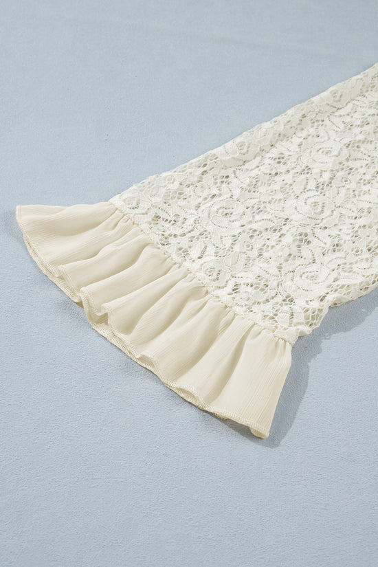 Sheer Lace Floral Round Neck Ruffle Trim Cuff Sleeve Loose Blouse