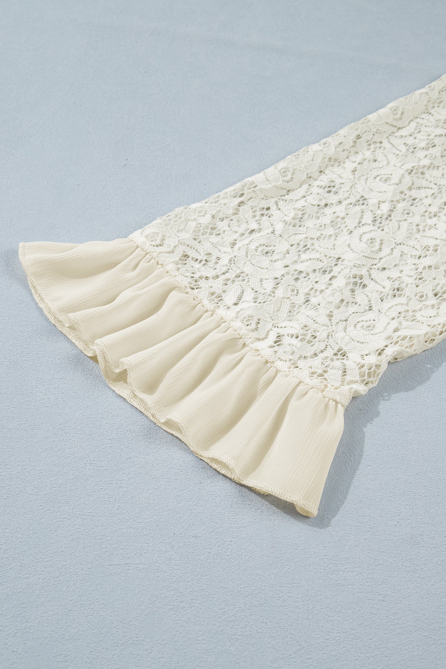 Sheer Lace Floral Round Neck Ruffle Trim Cuff Sleeve Loose Blouse