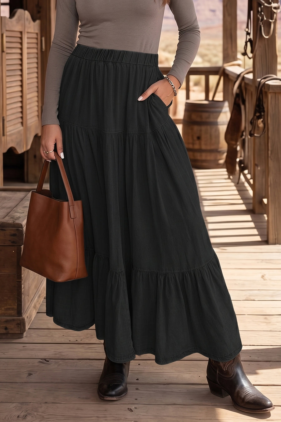 Black Elastic Waist Ruffled Tiered Flared Denim Maxi Skirt Women UK
