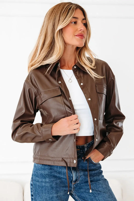 Chicory coffee double flap pocket drawstring hem leather jacket