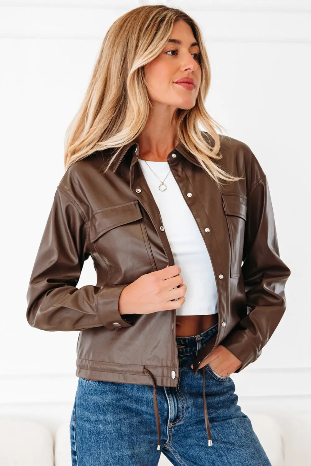 Chicory coffee double flap pocket drawstring hem leather jacket