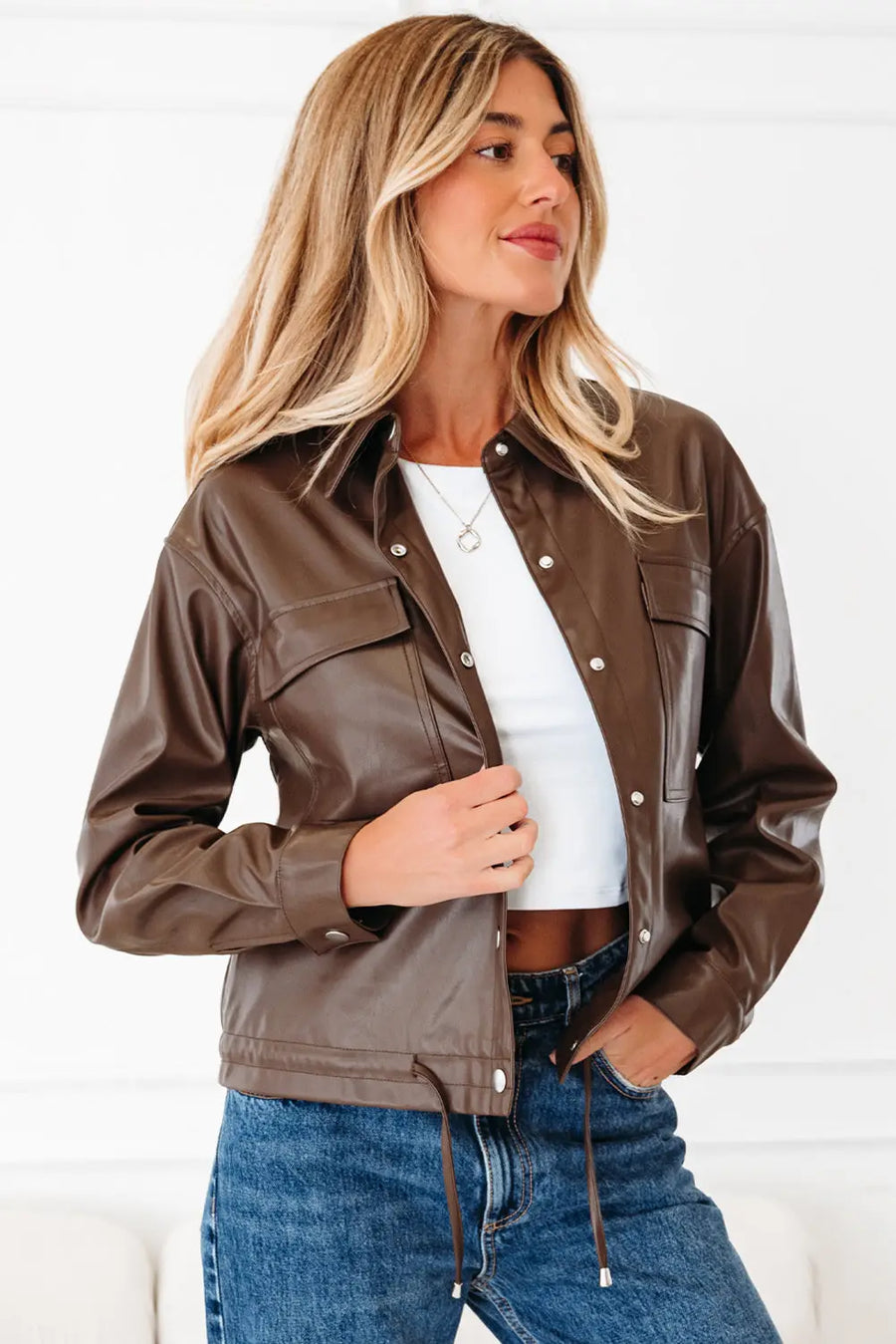 Chicory coffee double flap pocket drawstring hem leather jacket