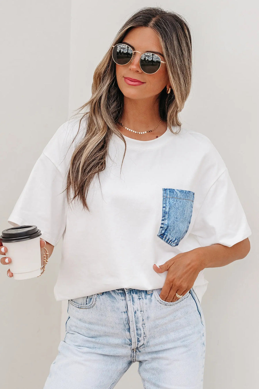 Colour block patch pocket short sleeve top round neck tunic relaxed fit tunics