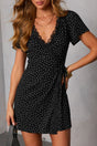 Polka dot lace trim wrap v-neck short sleeve mini dress dresses
