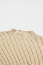 Cozy Oatmeal Sweater Dress – Soft Ribbed Knit with Pockets & Short Sleeves