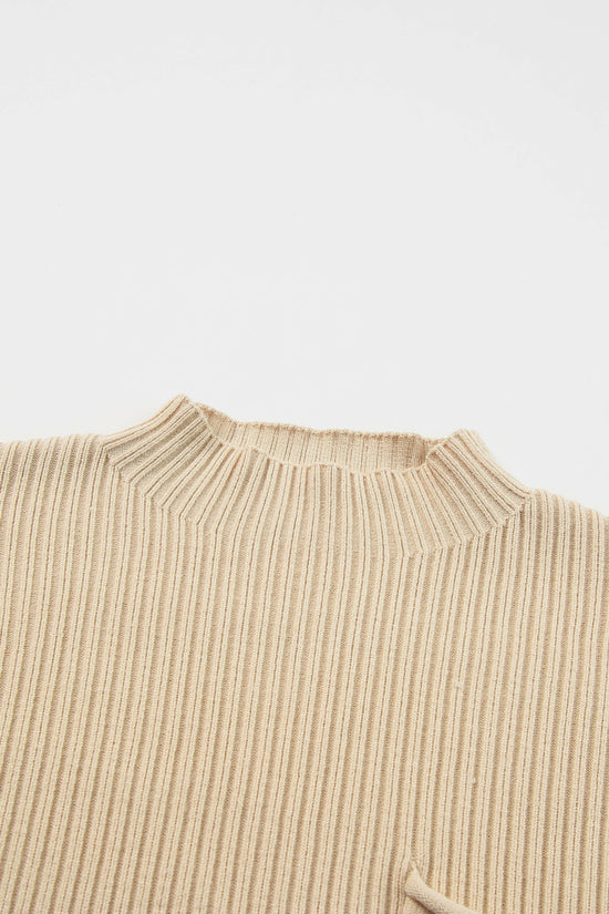 Cozy Oatmeal Sweater Dress - Ribbed Knit with Pockets