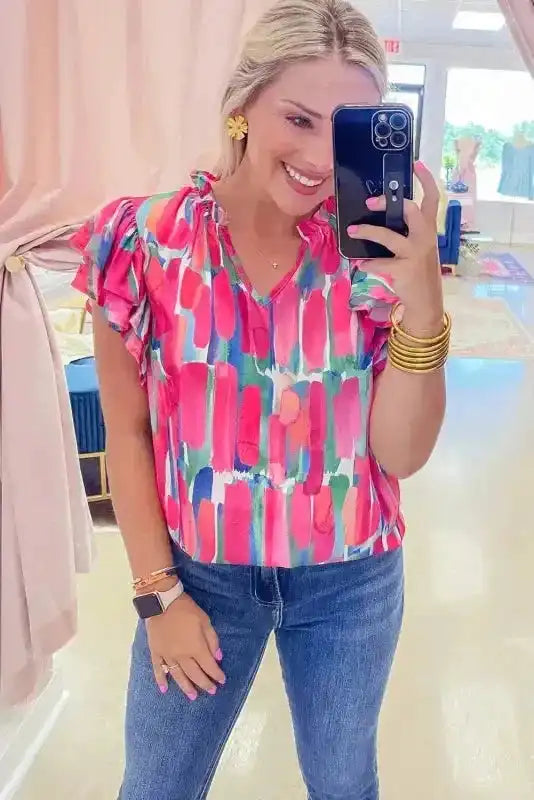Side view of Abstract Brush Print Frilled V-Neck Blouse showing cap sleeve detail and lightweight drape — Fashionfitz