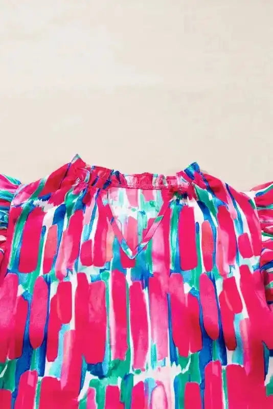 Abstract Brush Print Ruffled Sleeve Blouse - Fashionfitz