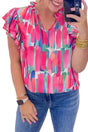Abstract Brush Print Ruffled Cap Sleeve Frilled Blouse Women UK in rose — front view showing frilled V-neckline and ruffled cap sleeves — Fashionfitz