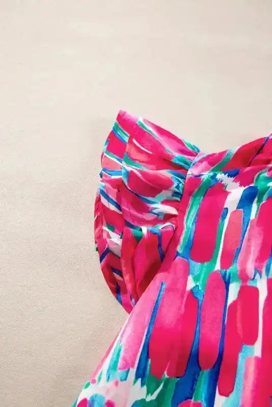 Abstract Brush Print Ruffled Sleeve Blouse - Fashionfitz