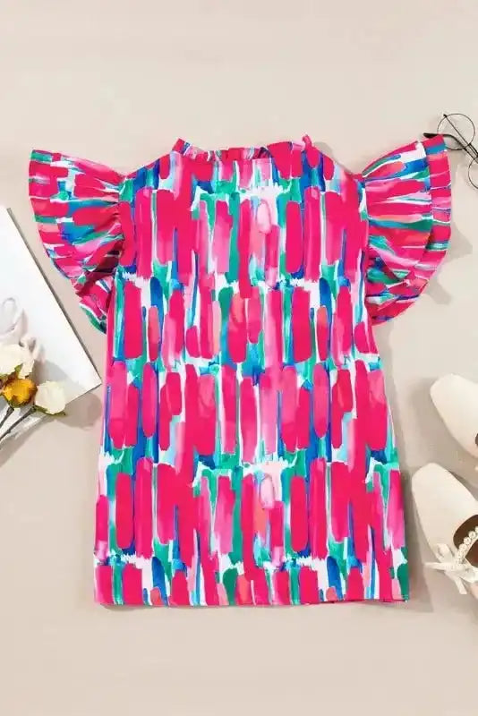 Abstract Brush Print Ruffled Sleeve Blouse - Fashionfitz