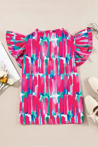 Abstract Brush Print Ruffled Sleeve Blouse - Fashionfitz