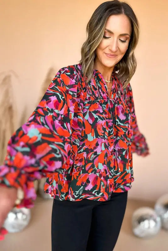 Abstract floral shirred puff sleeve blouse - blouses