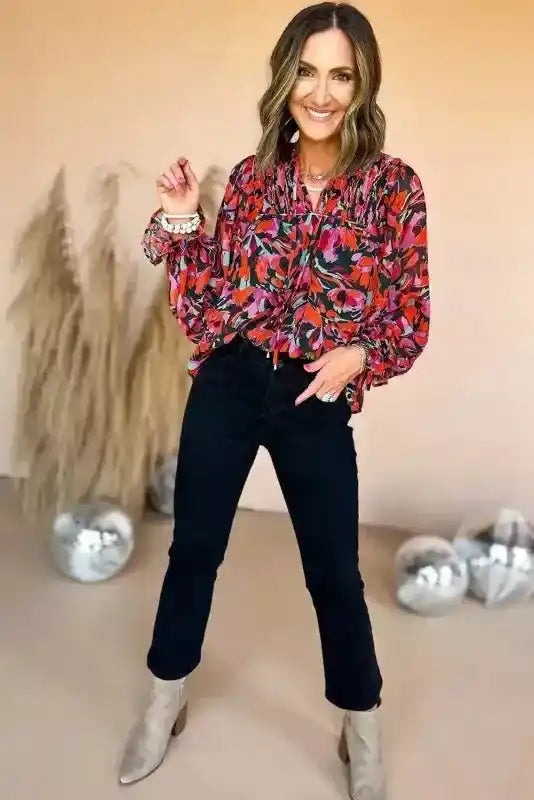 Abstract Floral Shirred Puff Sleeve Blouse | FashionFitz styled casually with black jeans and beige boots, perfect for daily wear with a southern belle vibe.