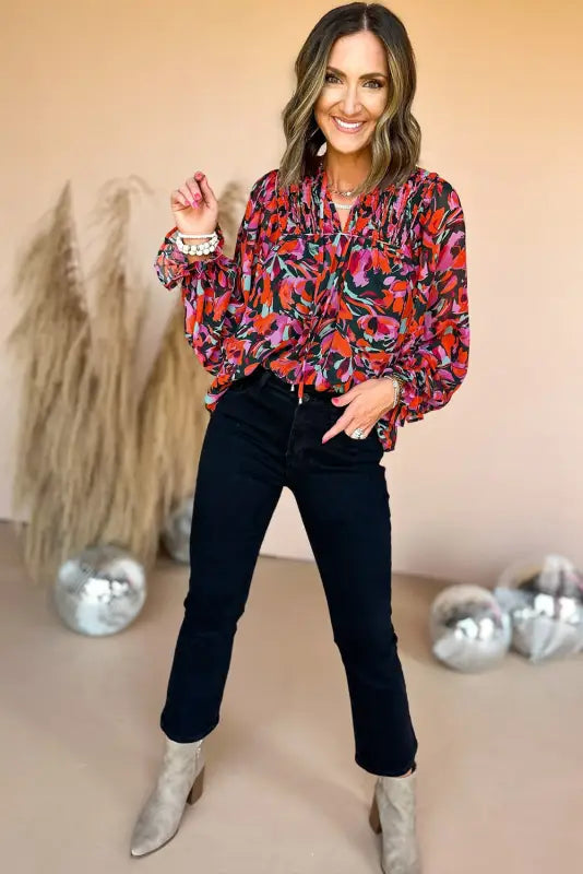 Abstract floral shirred puff sleeve blouse - blouses