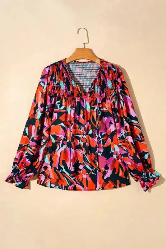 Abstract Floral Shirred Puff Sleeve Blouse - Fashionfitz