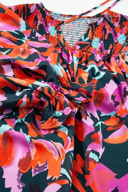 Abstract Floral Shirred Puff Sleeve Blouse - Fashionfitz