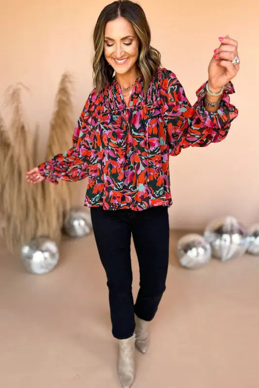 Abstract floral shirred puff sleeve blouse - blouses