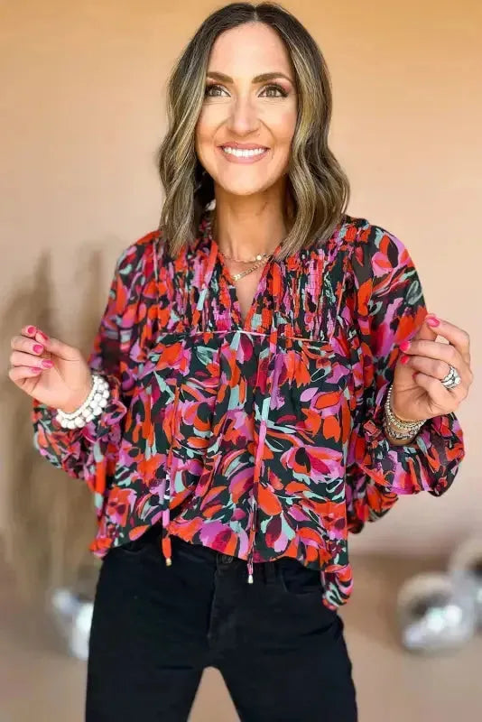 Abstract Floral Shirred Puff Sleeve Blouse - Fashionfitz