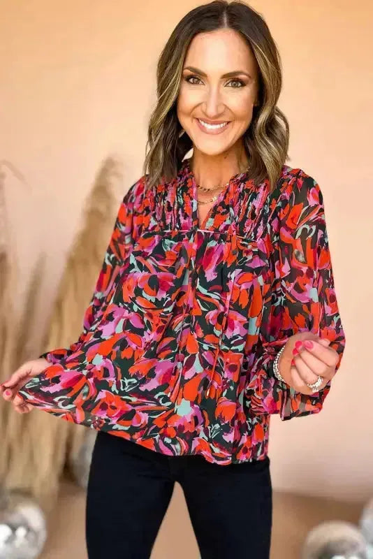 Abstract Floral Shirred Puff Sleeve Blouse - Fashionfitz
