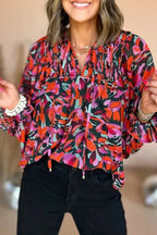 Abstract Floral Shirred Puff Sleeve Blouse - Fashionfitz