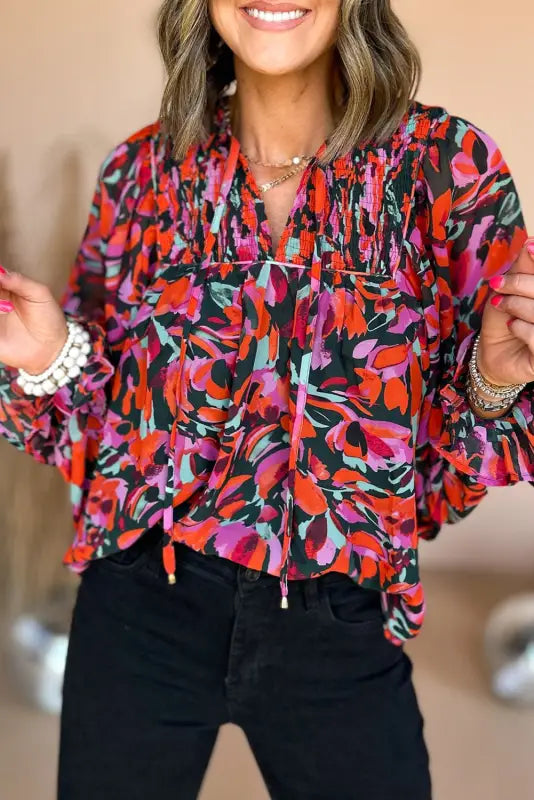 Abstract floral shirred puff sleeve blouse - red dahlia / s / 100% polyester - blouses