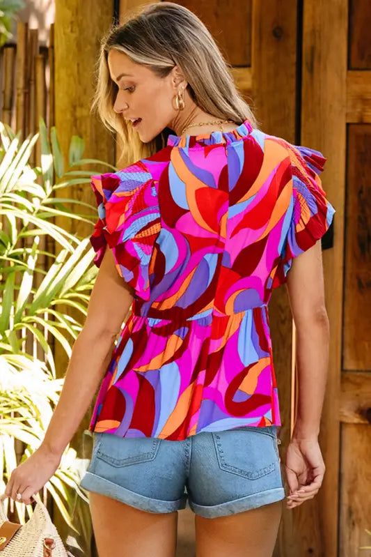 Abstract flutter sleeve peplum blouse - blouses