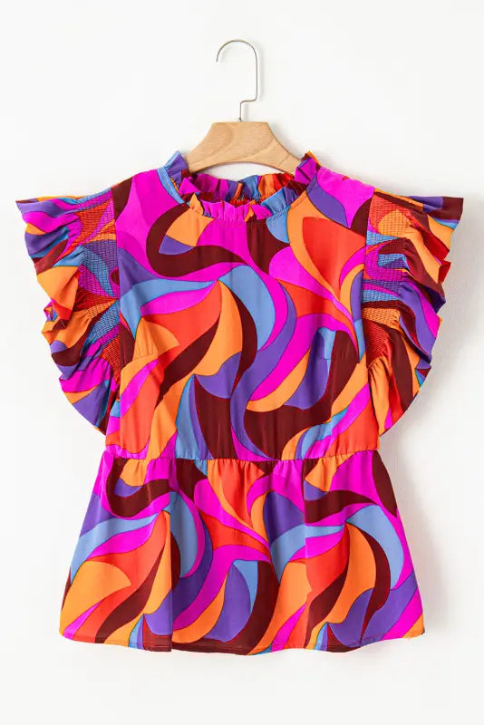 Abstract flutter sleeve peplum blouse - blouses