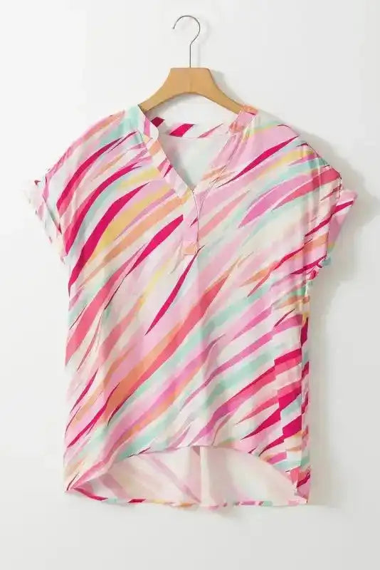 Abstract High Low Short Sleeve Blouse - Fashionfitz