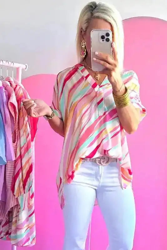 Abstract High Low Short Sleeve Blouse - Fashionfitz