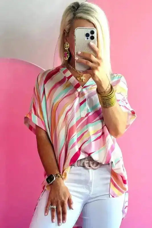 Abstract High Low Short Sleeve Blouse - Fashionfitz
