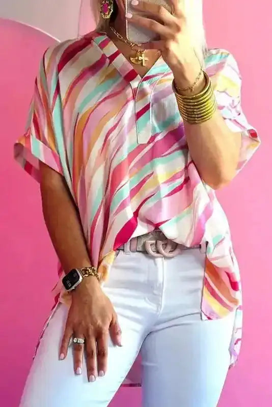 Abstract High Low Short Sleeve Blouse - Fashionfitz