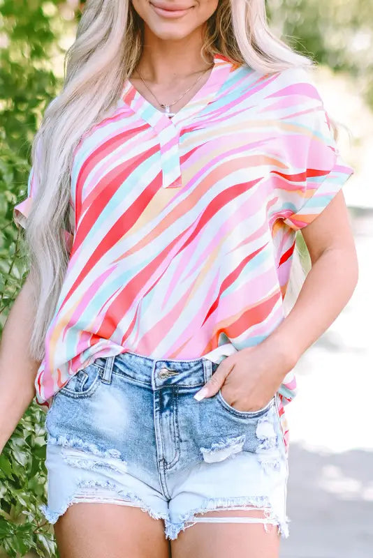 Abstract high low short sleeve blouse - blouses