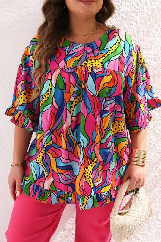 Abstract print plus size frilly trim blouse - blouses